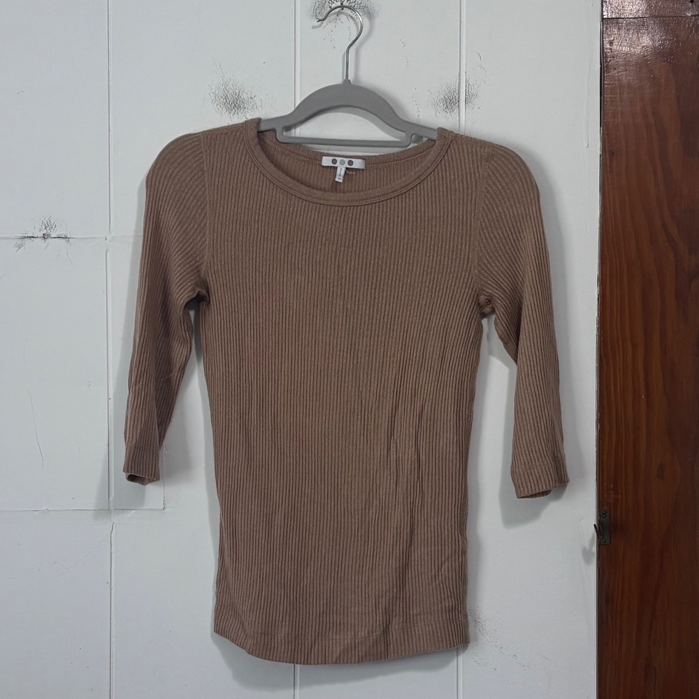 Three Dots Ribbed Crew Neck 3/4 Sleeve Top Taupe Brown XS